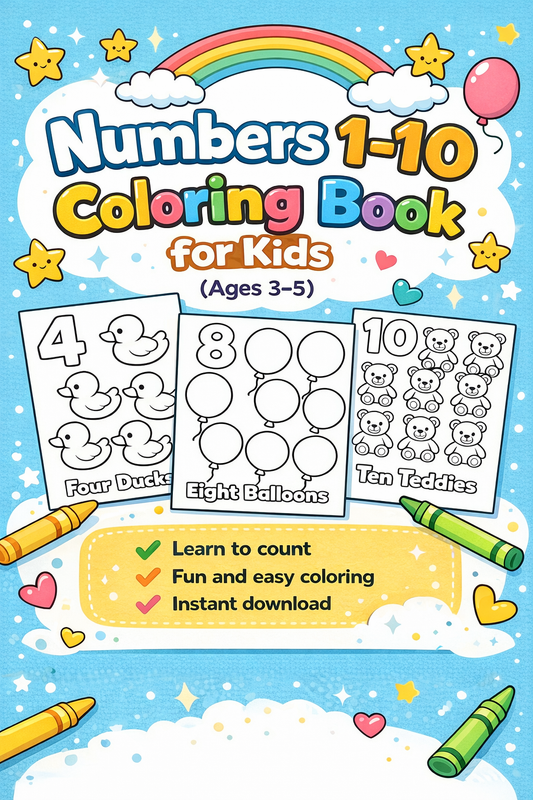 Numbers 1–10 Coloring Book for Kids | Printable Learning Worksheets | Ages 3–5 | Instant Download